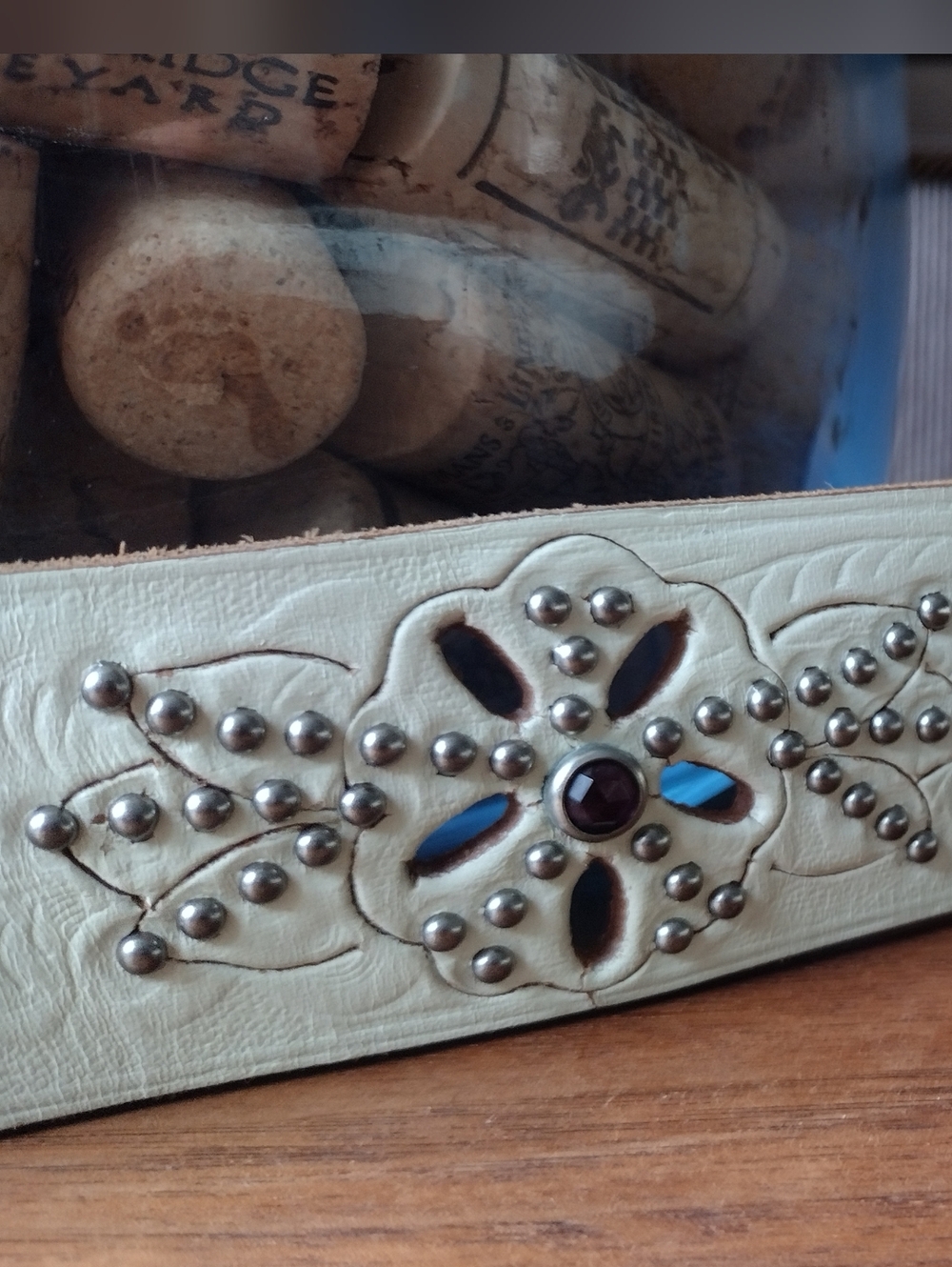 Hollywood Trading Company Cream Tooled Leather Belt with Floral Stud Detail - Picture 6 of 6